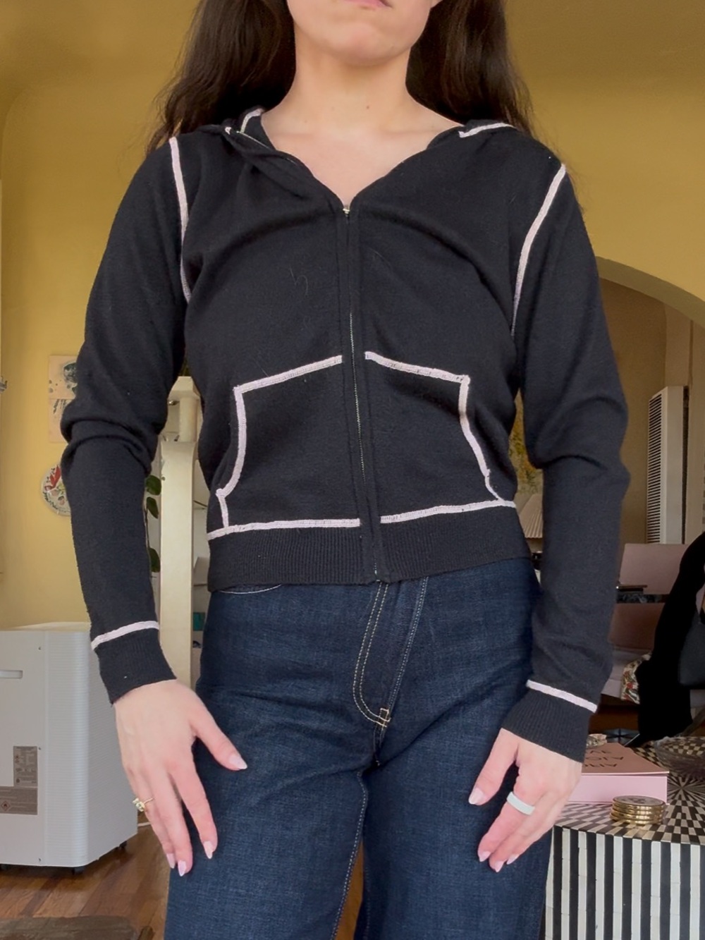 Acrobat Black Silk and Cashmere Grey Sweatshirt with Light Pink Trim